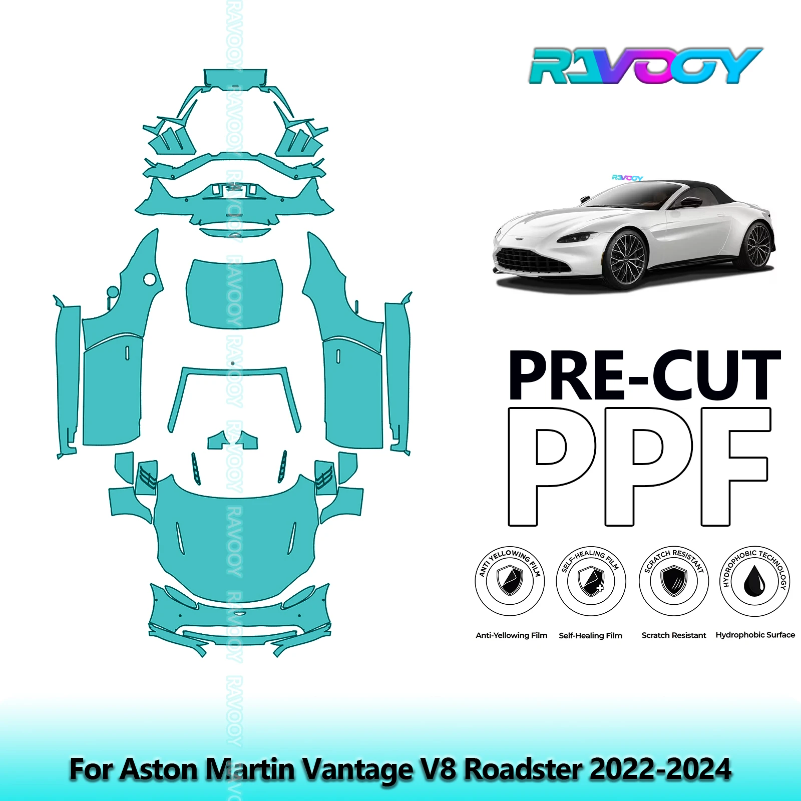 RAVOOY Custom-Fit Precut TPU PPF Full Vehicle Clear Bra Stone Guard EU UK For Aston Martin Vantage V8 Roadster 2022-2024