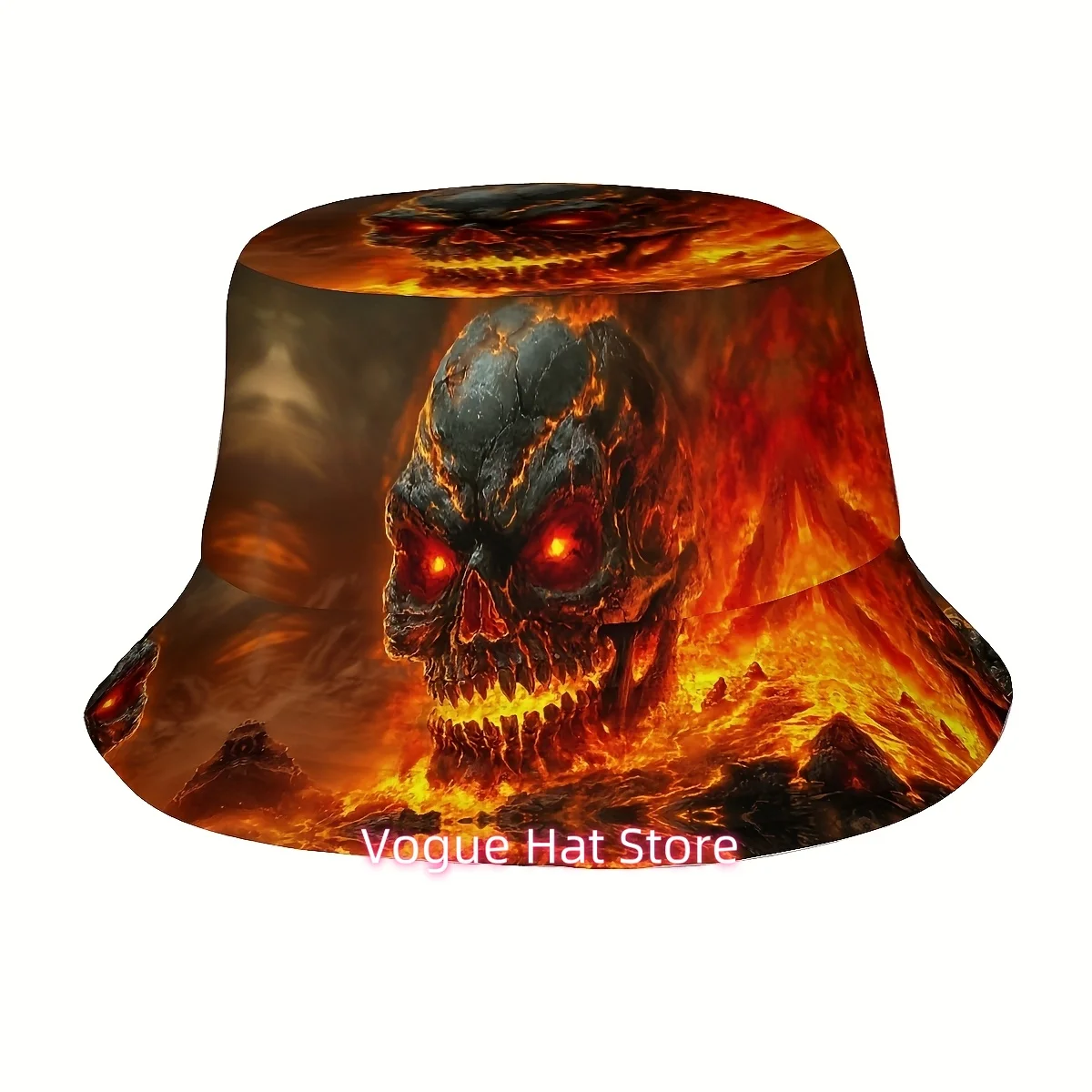 1pc Fire Skull Print Fisherman Hat - Stylish Polyester, All-Over Graphic Design with Glowing Eyes & Flames, Perfect for Outdoor