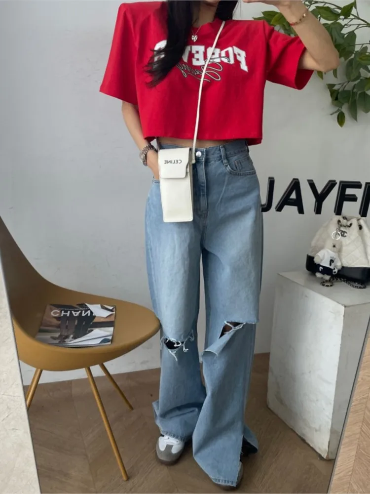 Jeans Autumn Long High Waist Pant Women Hole Irregular Hollow Out Fashion Ladies Trousers Korean Style Loose Pleated Woman Pants