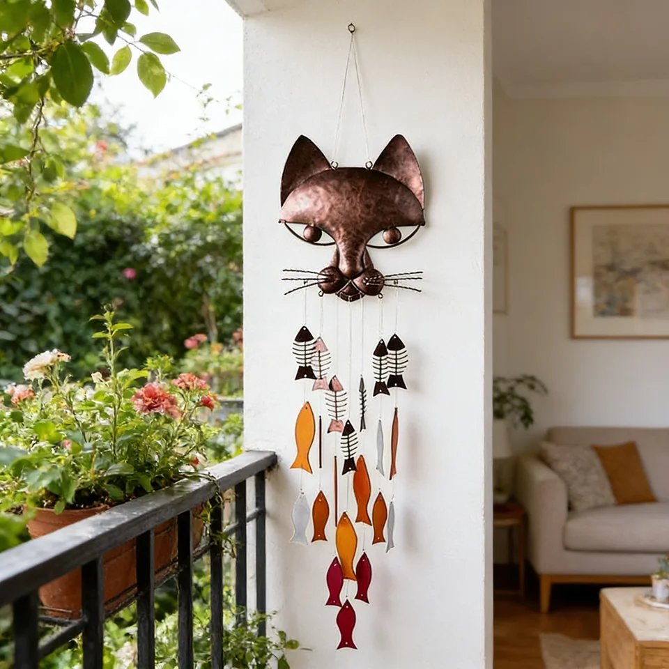Vintage Copper Cat And Fish Wind Chimes Handicraft Metal Outdoor Indoor Hanging Decorative Item for Home Garden