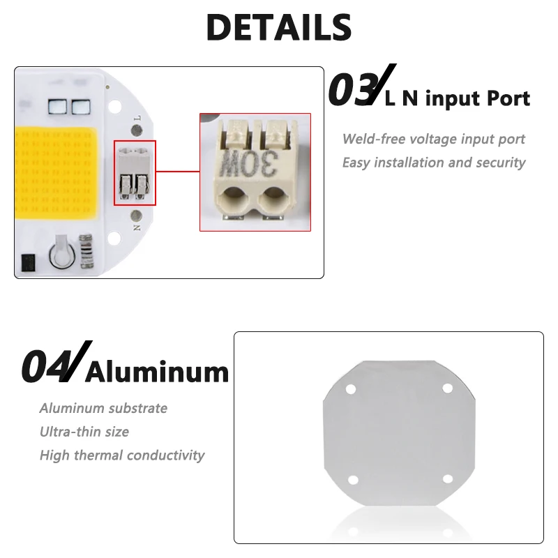 Welding Free 50W 30W 20W COB LED Chip for Spotlight Floodlight Plant Growth Lamp AC 220V 110V Integrated Light Beads Aluminum