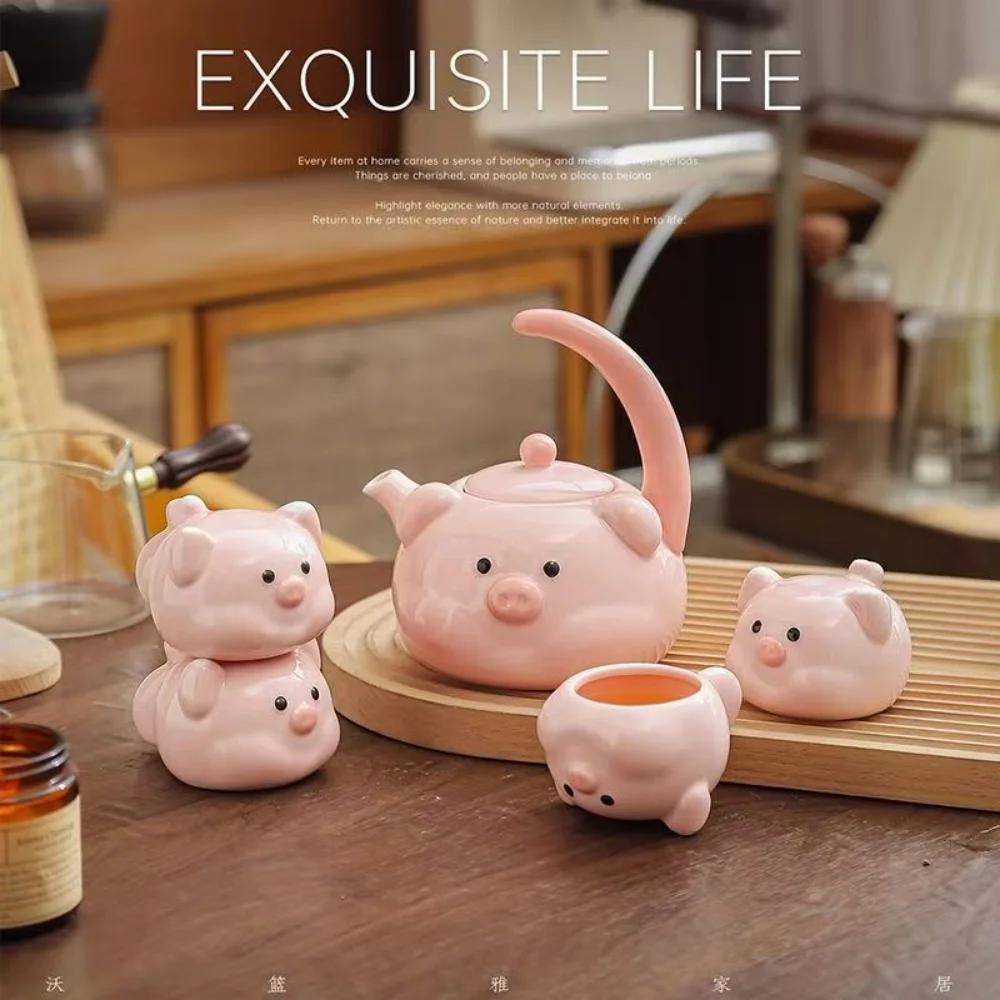 

Cartoon Pig Shaped Tea Pot And 4 Tea Cups Sets Ceramic Cute Piglet Teapot Teacups Teaware