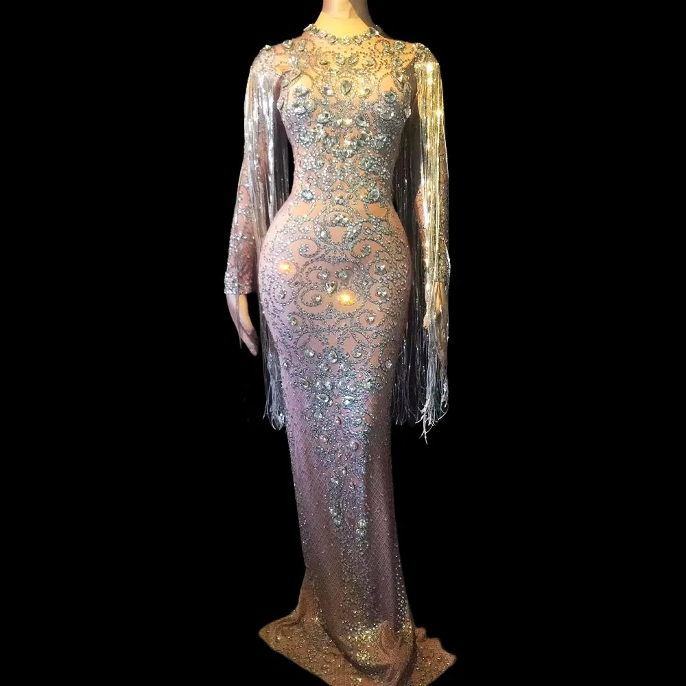 Luxury Evening Celebrate Model Catwalk Long Dress Sparkly Rhinestones Fringe Dresses Women Photograph Stage Performance Costume