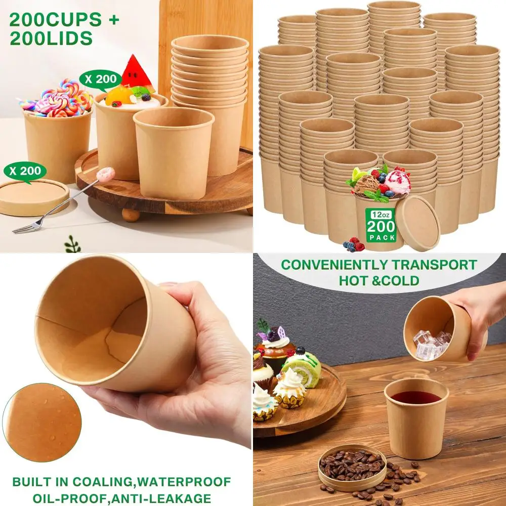 

200 Pack 12 oz Disposable Paper Bowls with Lids - Ideal for Soup, Ice Cream, Food, and Fruit, Suitable for Christmas, Microwave