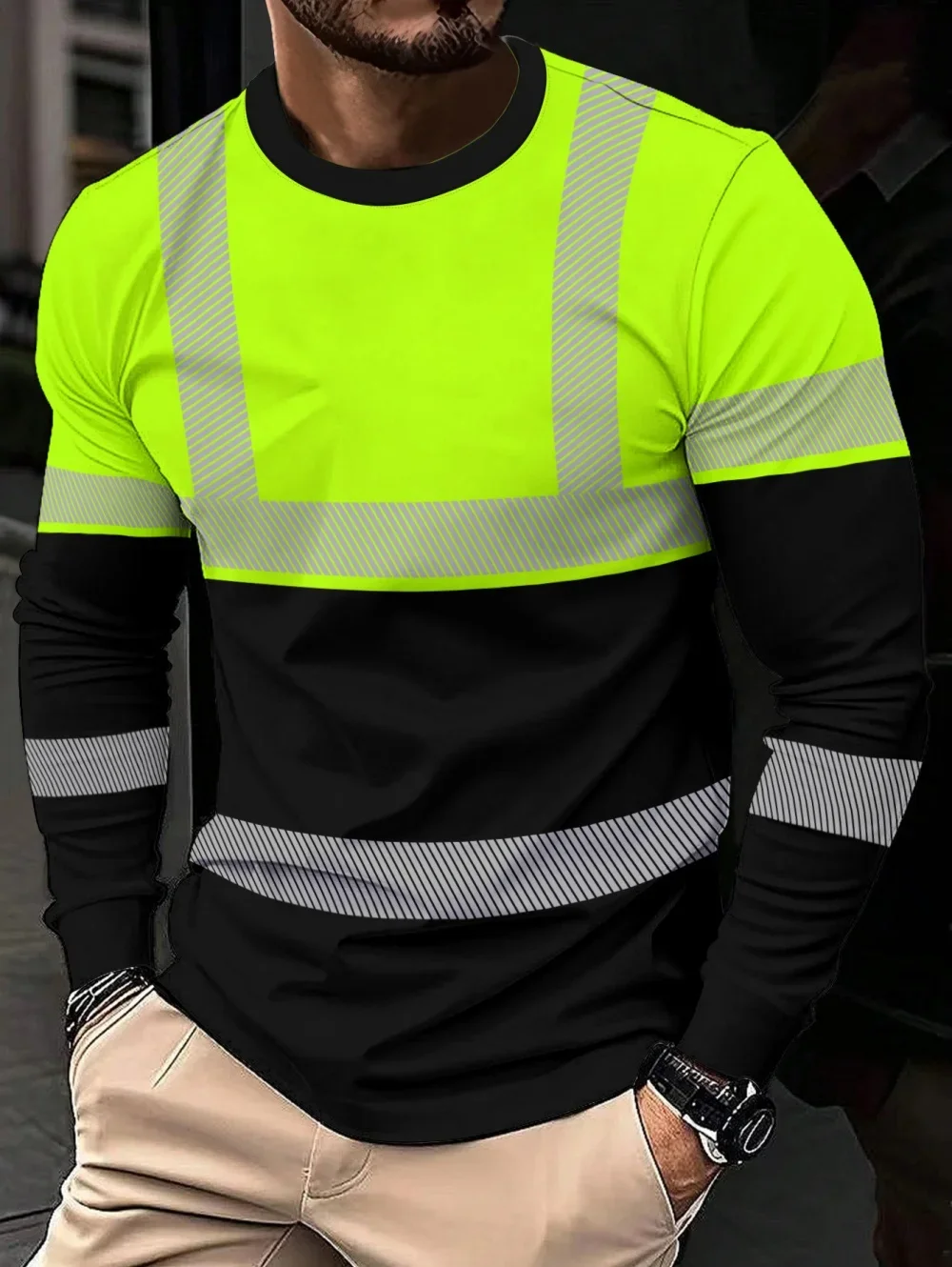 Men Hi Vis Long Sleeve T-shirt Real Reflective Strip Fluorescent Green Top Round Neck Worker Safety Casual Workwear Tee