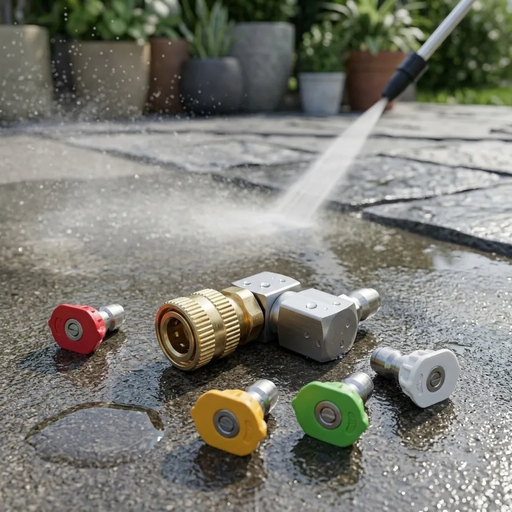 High Pressure Washer Quick Connect Adapter 1/4 Inch with 360 Degree Rotation and 4 Different Nozzles for Enhanced Cleaning Reach