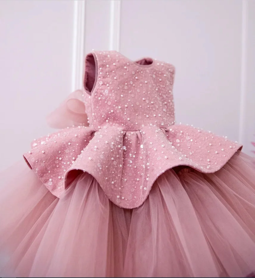 Princess Pink Flower Girl Dresses for Wedding with Bow Knee Length Cute Babys Party Birthday First Communion Gown Custom