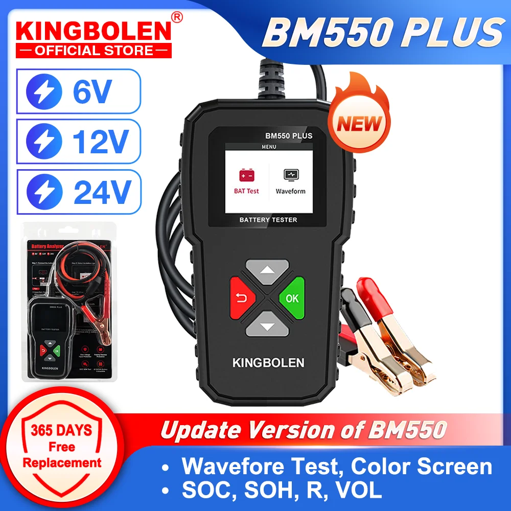 KINGBOLEN BM550 PLUS Car Battery Tester 6V 12V 24V CCA SOC Waveform Test Color Screen Auto Battery System Detect Analyzer Tools