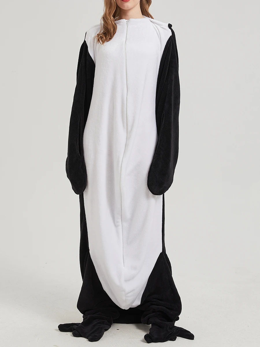 Adult Romper Plush Pajamas Cute Penguin Homewear Sleepwear Long Sleeve Hood Zipper Jumpsuit for Women