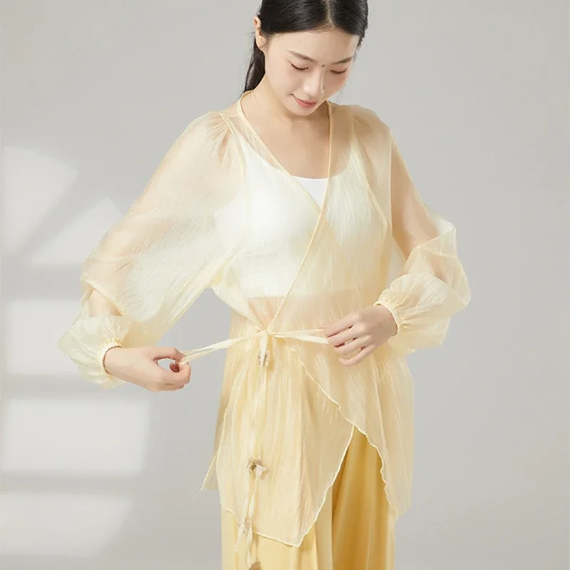 Modern Dance Top Damen Smock Langarm V-Ausschnitt Gaze Shirt Folk Performance Sheer Floating Bands Tied Lyrica Trainingskleidung