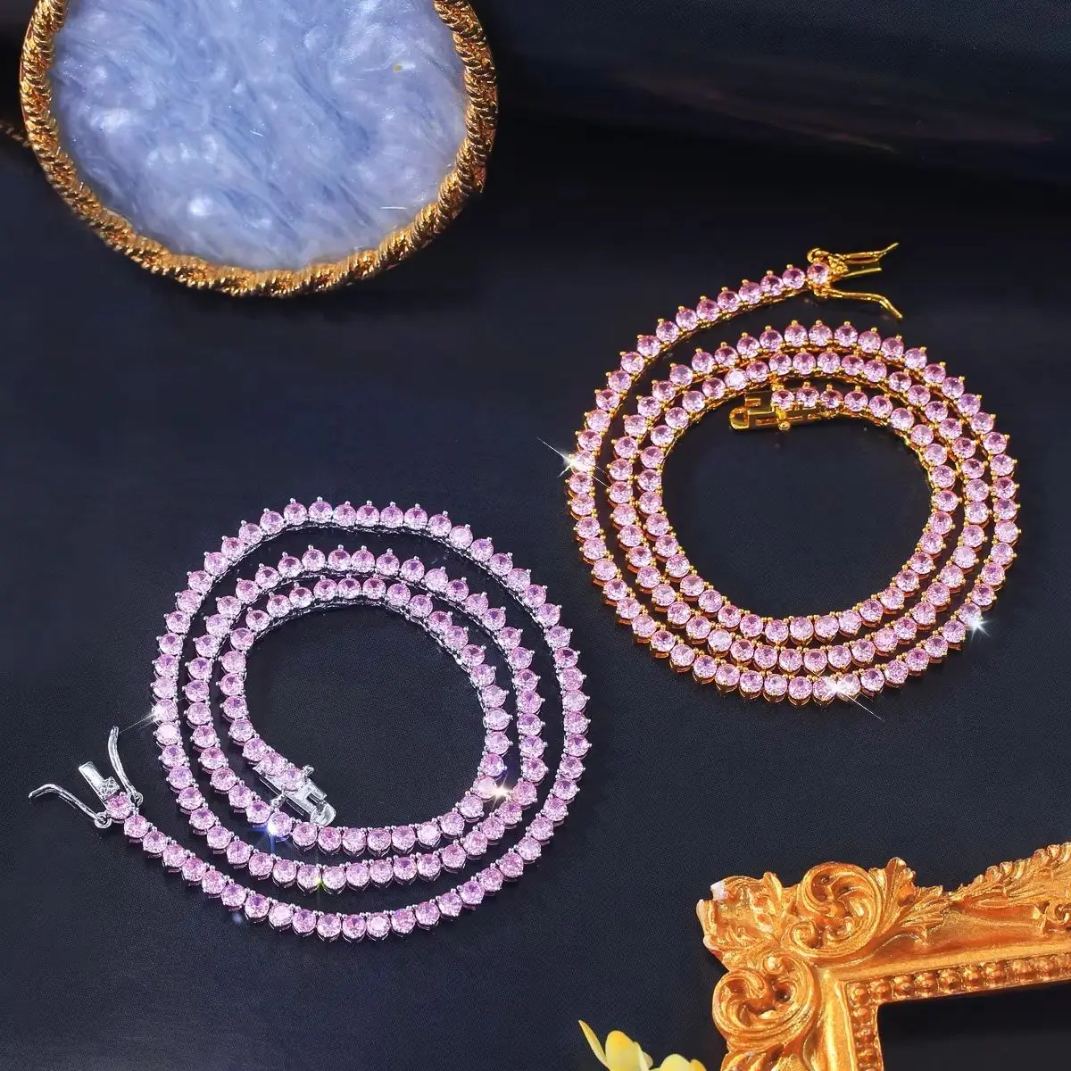 Pera Nuevo Collar de Cadena de Tenis Redondo Morado con Circonitas Engastadas en Oro para Mujer, Joyería para Fiesta de Compromiso, Regalo P003