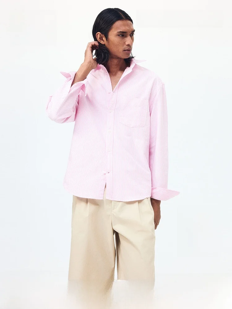

H&M Men's Oxford Cloth Shirt Cotton Striped Standard Fit Summer New Style Long Sleeve Button up Casual Wear Fashionable