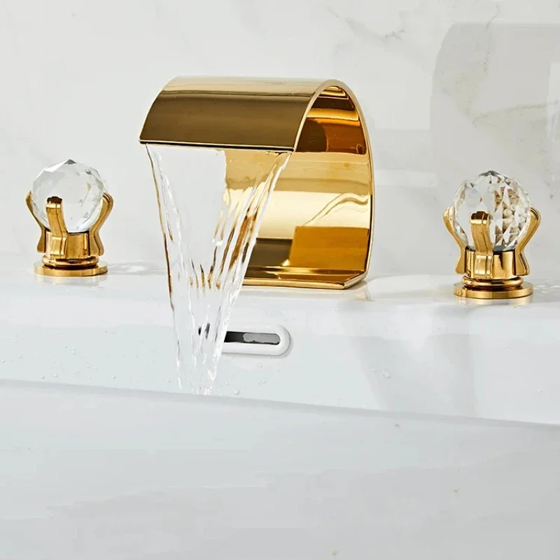 Gold Waterfall Bathroom Faucet, Crystal Handle, Widespread Hot and Cold Mixer, Luxury Brass Tap for Basin