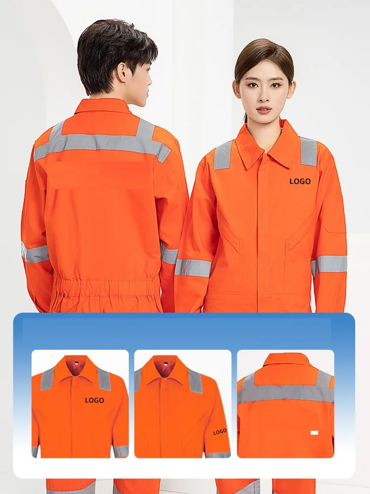 Cotton one-piece overall suit men reflective Hi Vis wear-resistant mechanic repair electric welder harbor labor protection suits