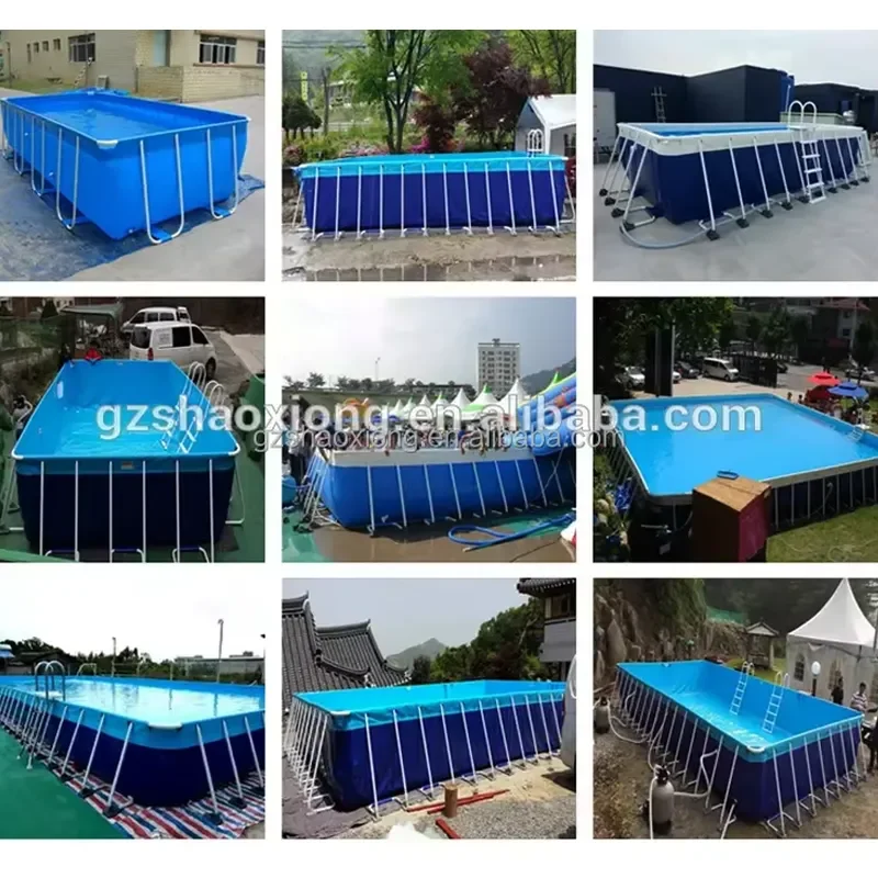 PVC Outdoor Kid Adult Rectangular Metal Steel Frame Pool Water Park Swimming Pool with Inflatable Slide and Obstacle Course