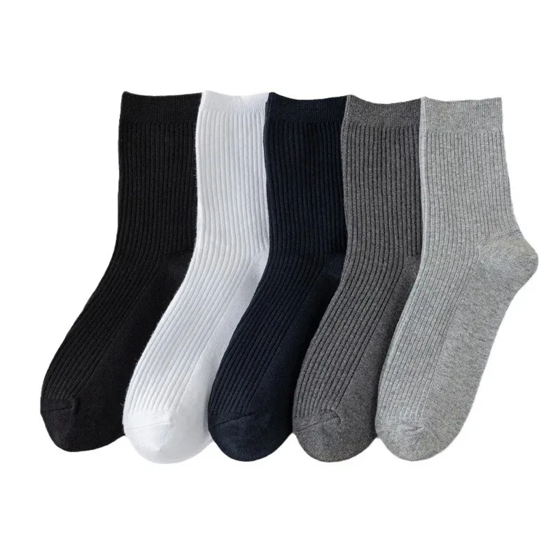 5 Pairs Socks Men's Mid-tube Sweat Absorption Business Sports Black Solid Color Stockings Autumn Winter Double Needle Breathable view 3