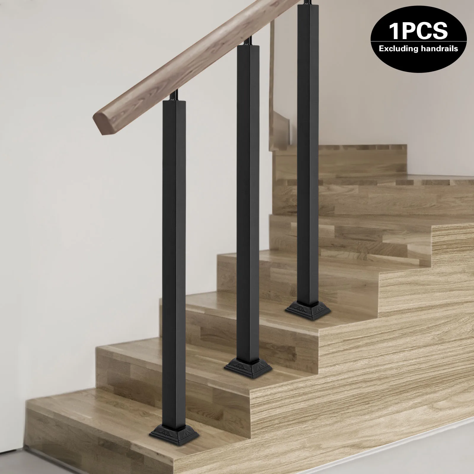 Stair Balusters Post Black Square Metal Railing Spindles with Flat & Adjustable 270° Angle Bracket, Banister Column