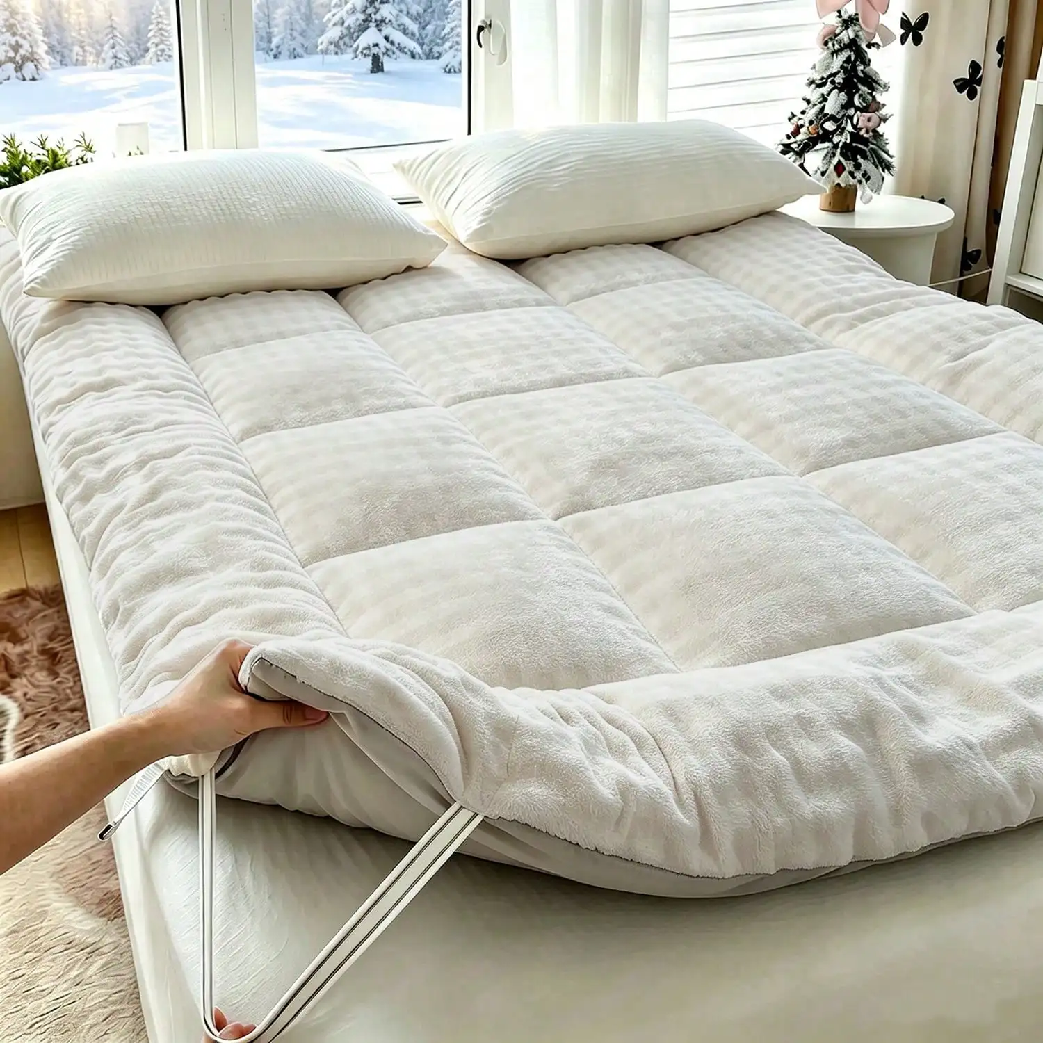 Cute Soft Mattress Topper - Comfort Breathable Fiber Filling Folding Roll Up Mattress Sleeping Pad, 6cm Warm Thickness Quilted Mattress Topper For Sleeping SF25070935568509334