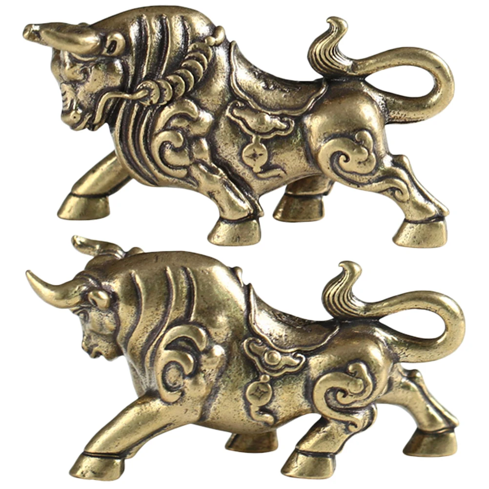 

2pcs Retro Bull Statue Brass Small Desktop Decor For Office Home Vintage Ox Sculpture Tabletop Decoration Mini Bull Ornament