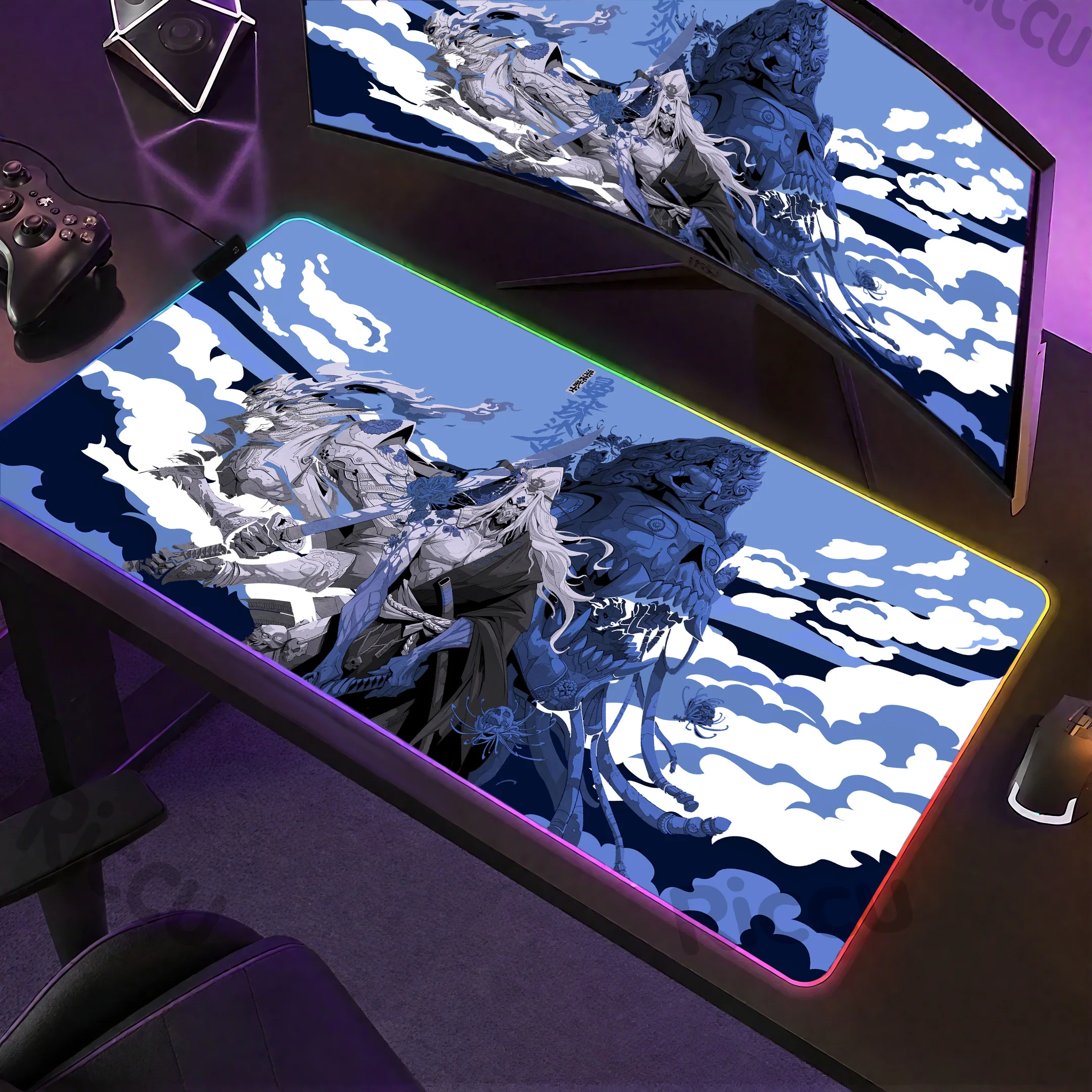 Rgb japão samurai guerreiro mouse pad gamer computador teclado tapete de mesa preto empresa jogos portátil led acessório periféricos de computador