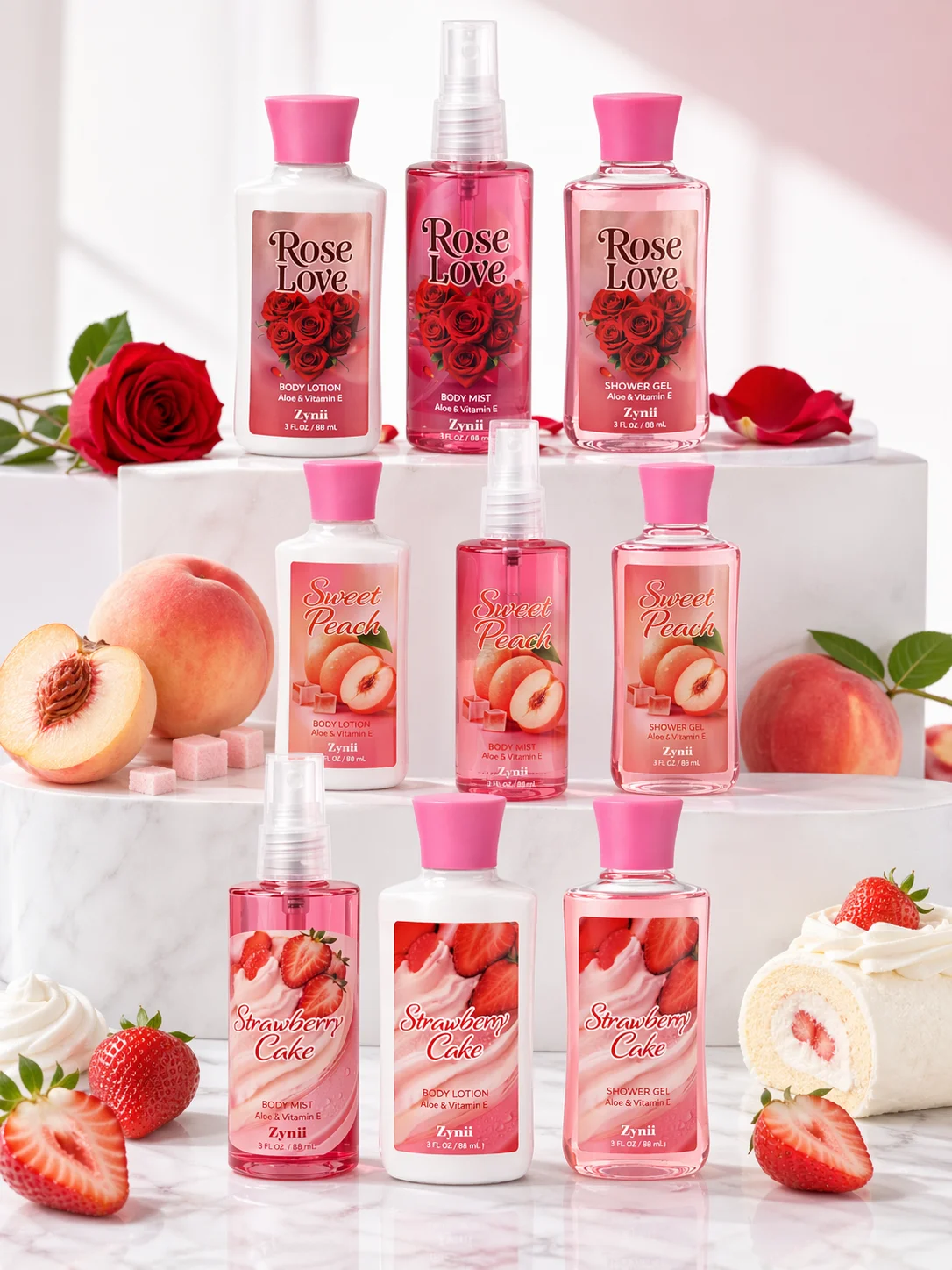 

Strawberry Cake, Peach And Rose Bath Set - 88ml Shower Gel, Lotion And Body Mist, Fresh Moisturizing Gift for Her
