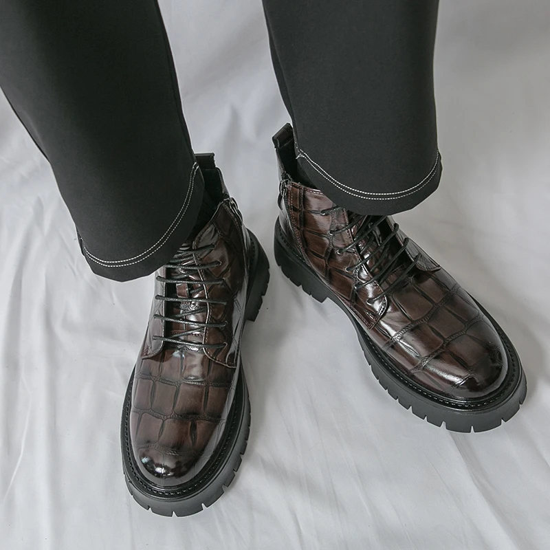 Korean Version British Style Fashion Men's High Top Casual Leather Boots Brand Thick Soled Comfort Business Casual Leather Boots