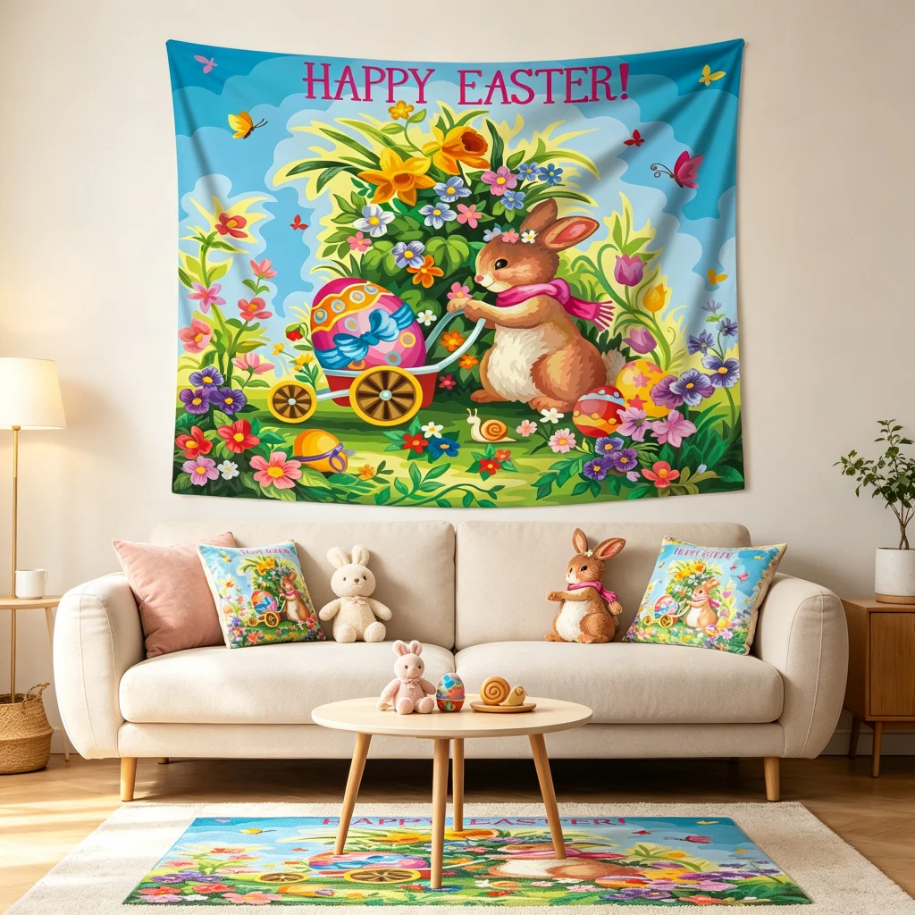 1PC Easter Bunny Cart Eggs Cartoon Art Print Backdrop Banner, Bedroom Living Room Photo Background, Polyester, Home Decor, Wall