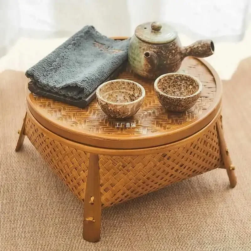 Japanese Tea Ceremony Storage Basket Handmade Bamboo Weaving Tea Table Multifunctional Organizer Box With Cover Fruit Tray