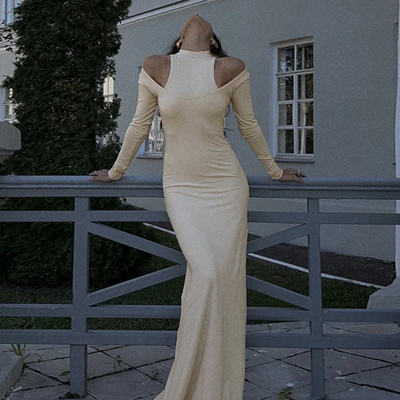 アプリバント レディース セクシー カットアウトショルダー マキシ丈ワンピース スリム モックネック 長袖 ロングドレス 2025 秋冬新作 ストリート パーティーウェア