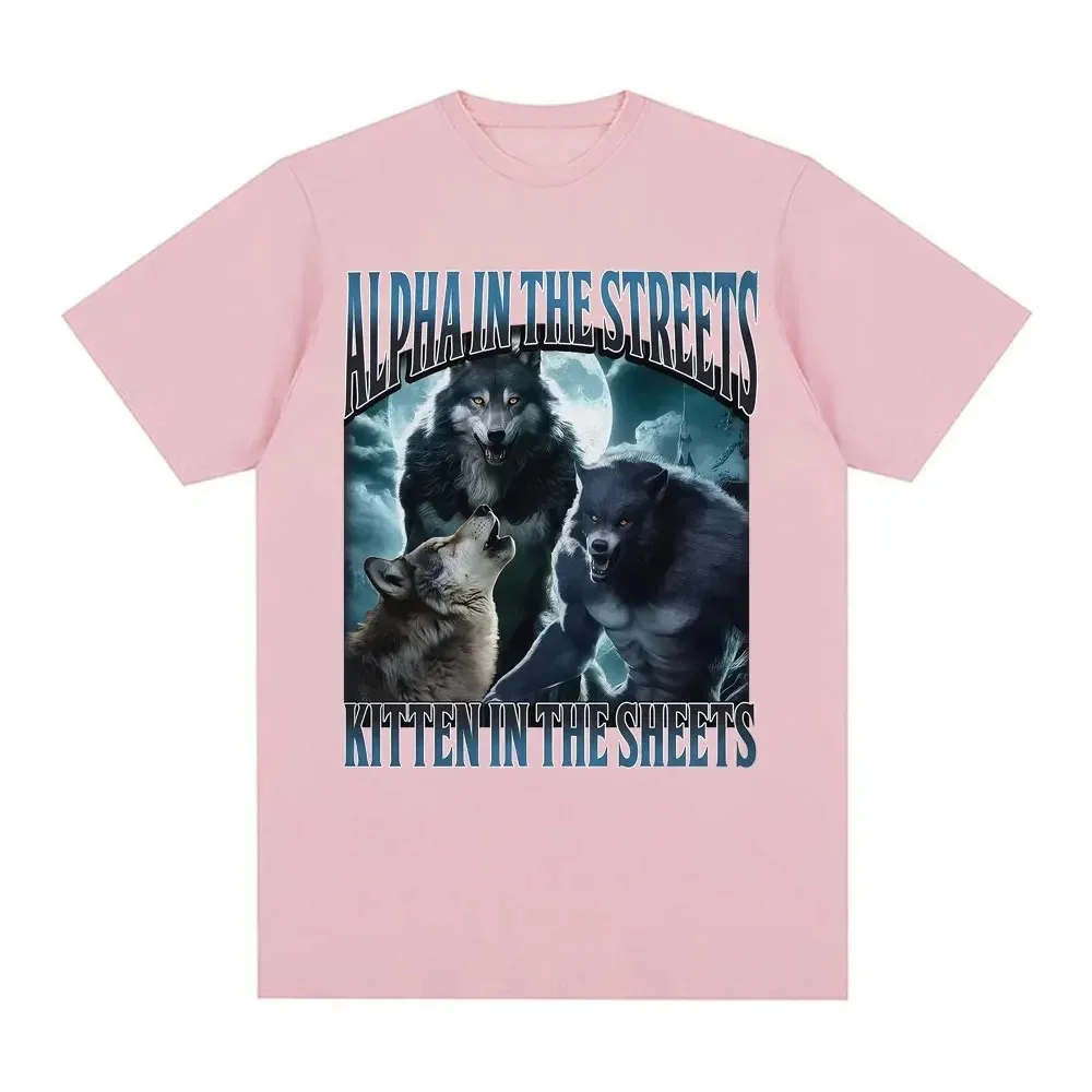 New Funny Werewolf Meme T-shirt for Men Casual and Comfortable Extra-large Size Featuring A Kitten on An Alpha Bed on The Street