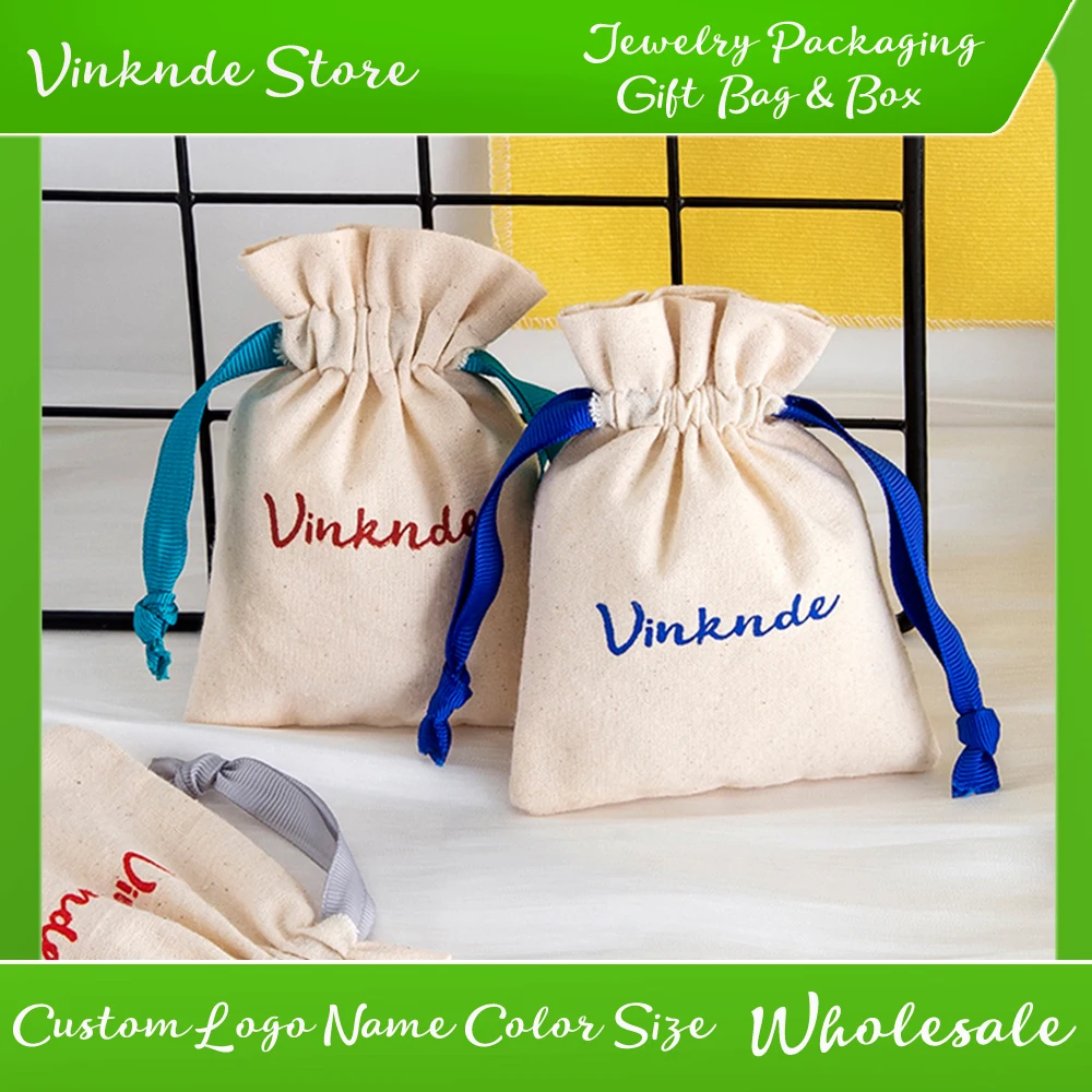 

Custom Logo Canvas Cotton Muslin Jewelry Envelope Bag Gift Packaging Wedding Favors Rings Earrings Perfume Bracelet Sachet