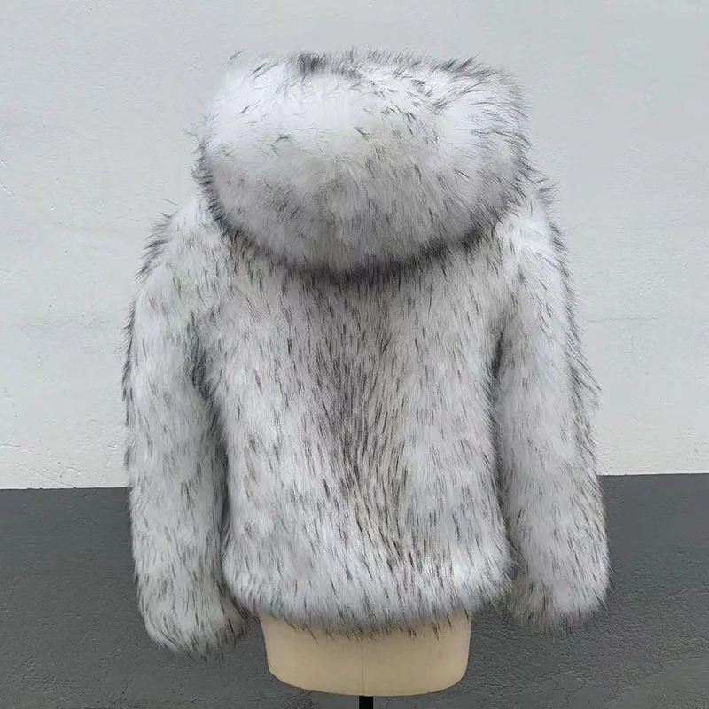Faux Raccoon Silver Fox Fur Coat for Women, Hooded Warm Jacket, Thick Outerwear, New Style, Fashion, Winter