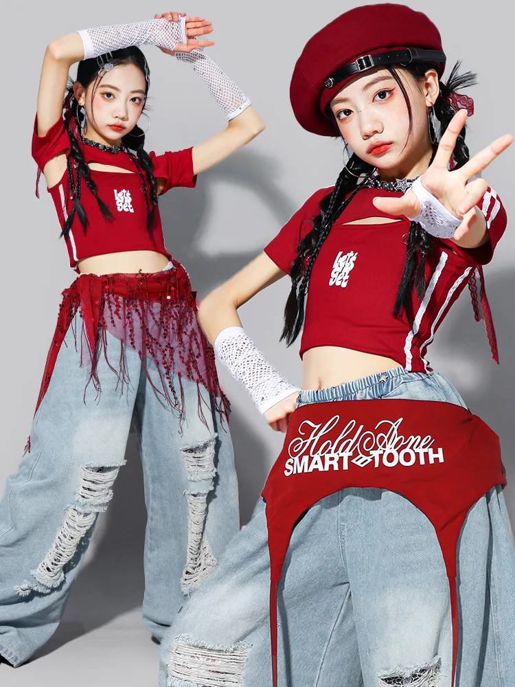 Girls Kpop Cool Letter Crop Top Skirt Street Dance Cargo Pants Costume Kids Hip Hop Jazz Girl Group Clothes Set Child Streetwear