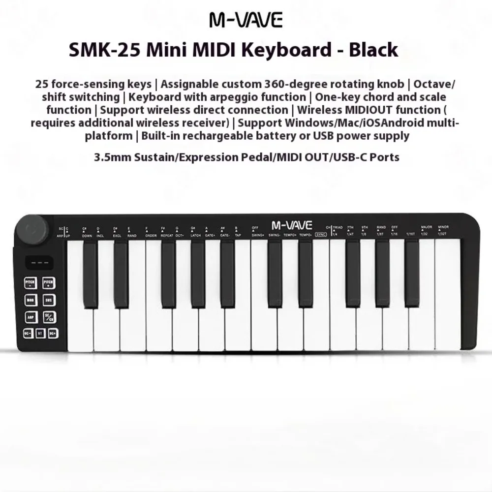 M-VAVE SMK-25mini MIDI Keyboard Rechargeable 25-Key MIDI Control Keyboard Instrument Mini Portable USB Keyboard MIDI Controller