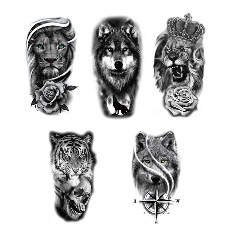 5PCS Wolf Lion Waterproof Temporary Tattoo Sticker Tiger Rose Flower Dragon Snake Skull Animal Body Art Arm Fake Tatoo Men Women