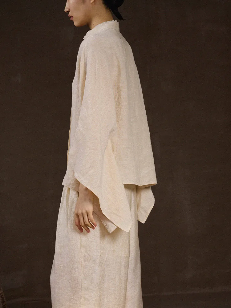 

Original Design Chinese Sle Women's Set Spring 2025 Zen Sle Cotton Linen Blend Straight Cut Top with Stand Collar