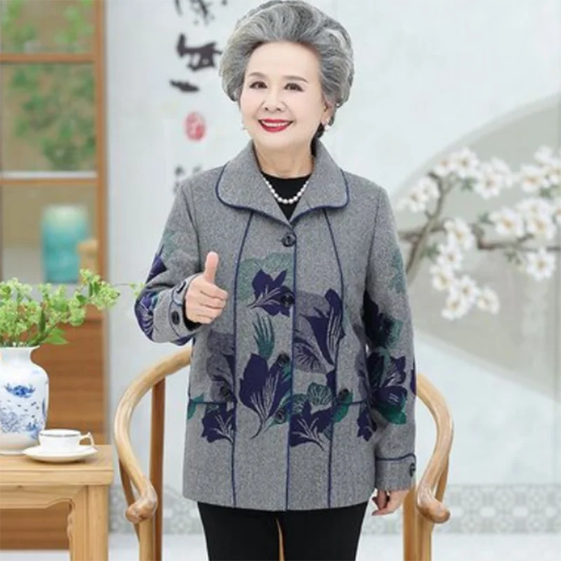 Elderly Women Spring Autumn Jacket 60-70 Old Mother Short Coat Grandma Long Sleeve Loose Windbreaker Fashion Print Jacket 5XL