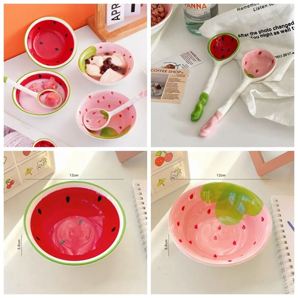 Creative Cute Strawberry Cereal Bowl Hand Painted Ceramic Large Ramen Spoon Delicate Ice Cream Dessert Dinnerware