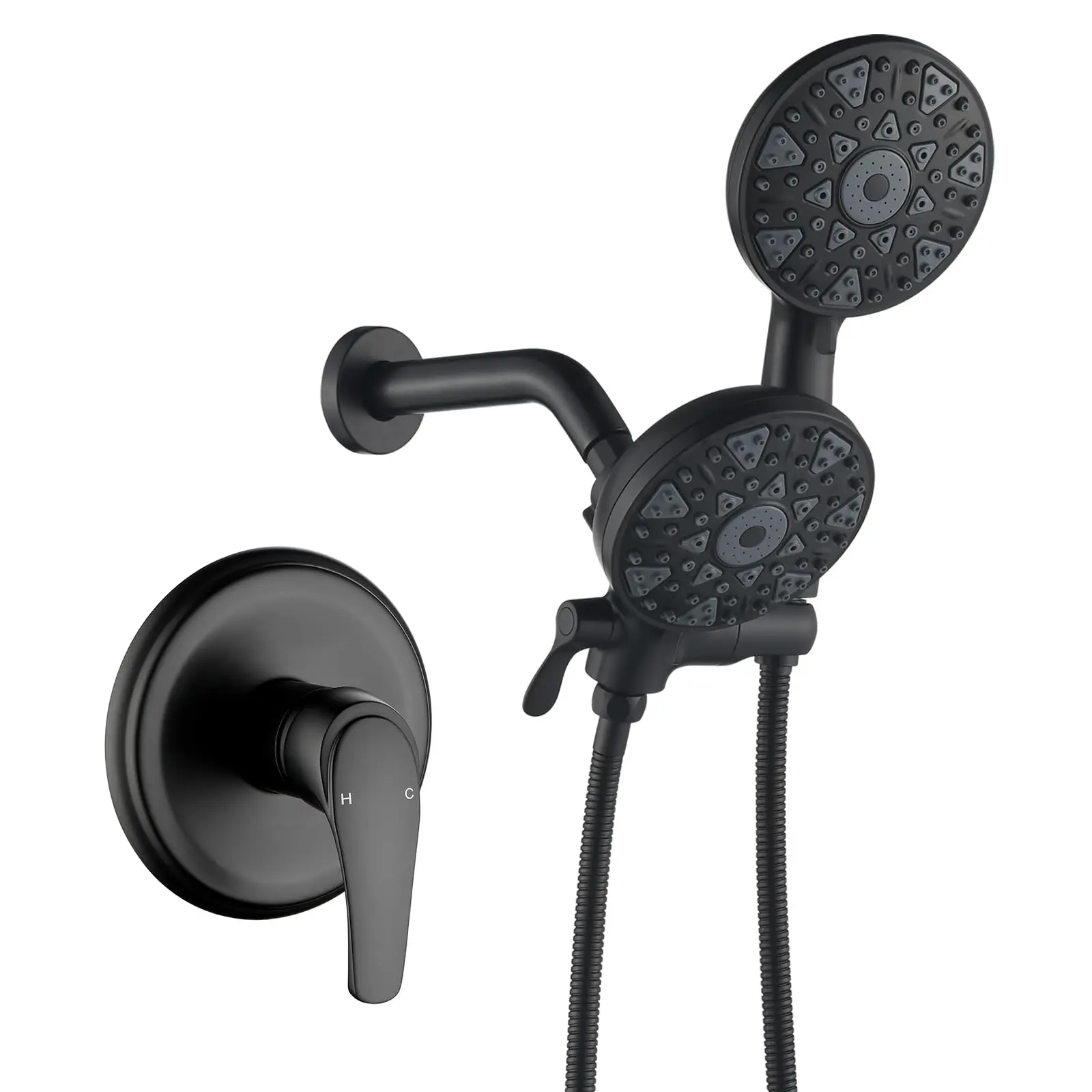 

Black Dual Shower Head Set With Handheld And Overhead 6 Mode Shower System Single Handle Trim Kit