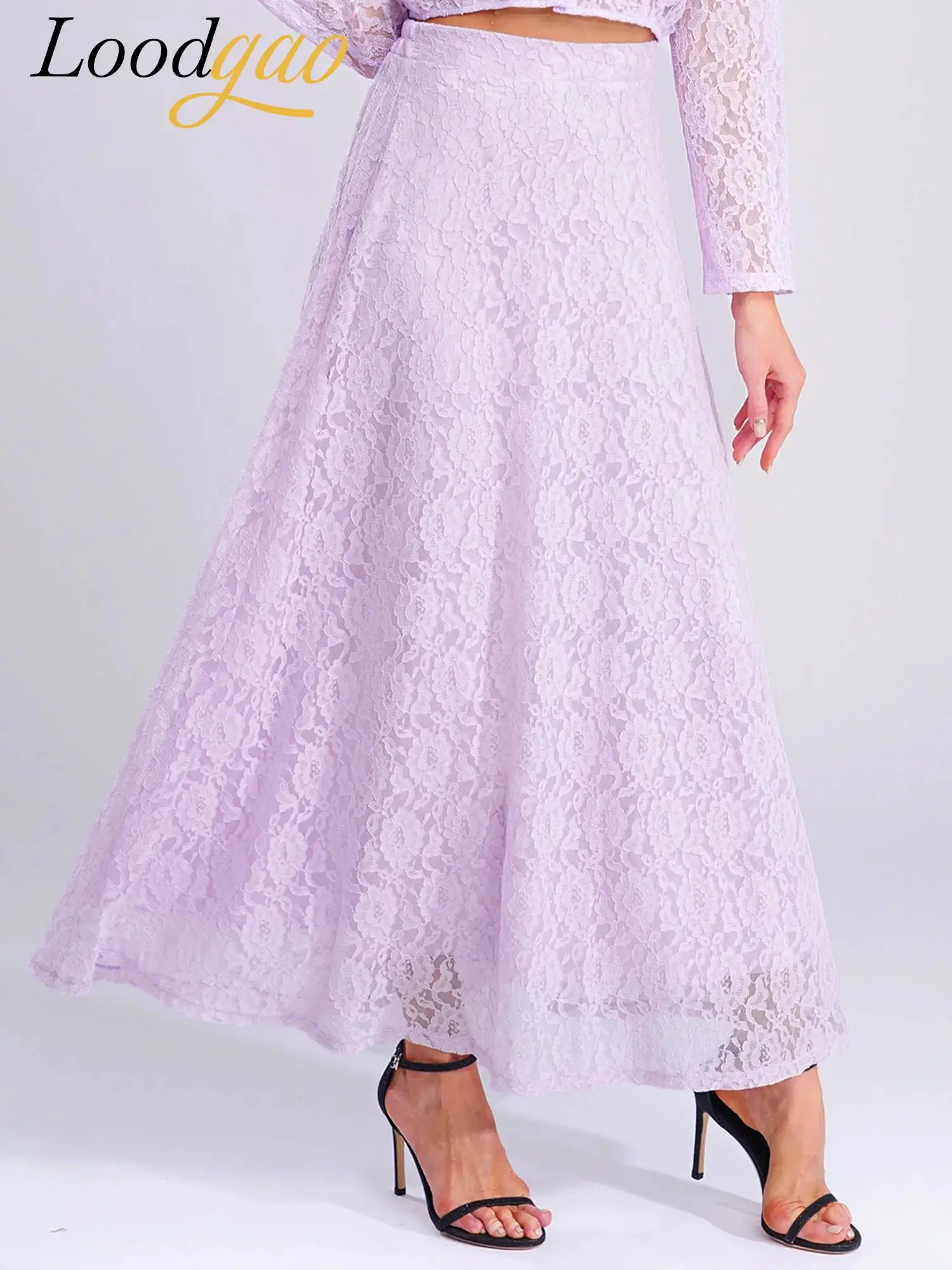 

Female Streetwear 2025 Fashion A-line Swing Skirt Women's Floral Lace Elegant Maxi Skirt Elastic Waistband Midi Skirts Mujer