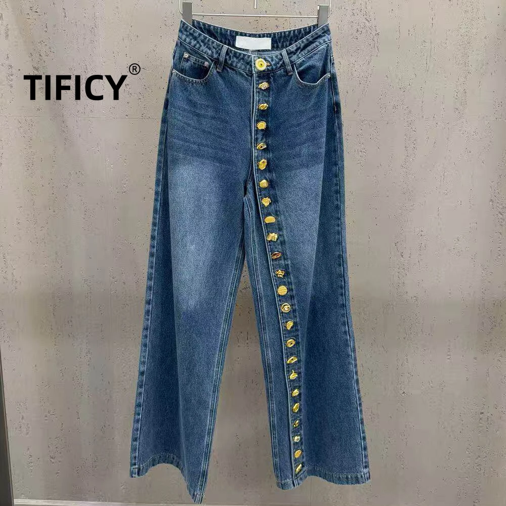High-Street-Jeanshose, neu, locker geschnitten, gerade geschnittene Beine, strapazierfähige Schnalle, gespleißte Kreuzverzierung, weites Bein, Damen-Schlankheitshose