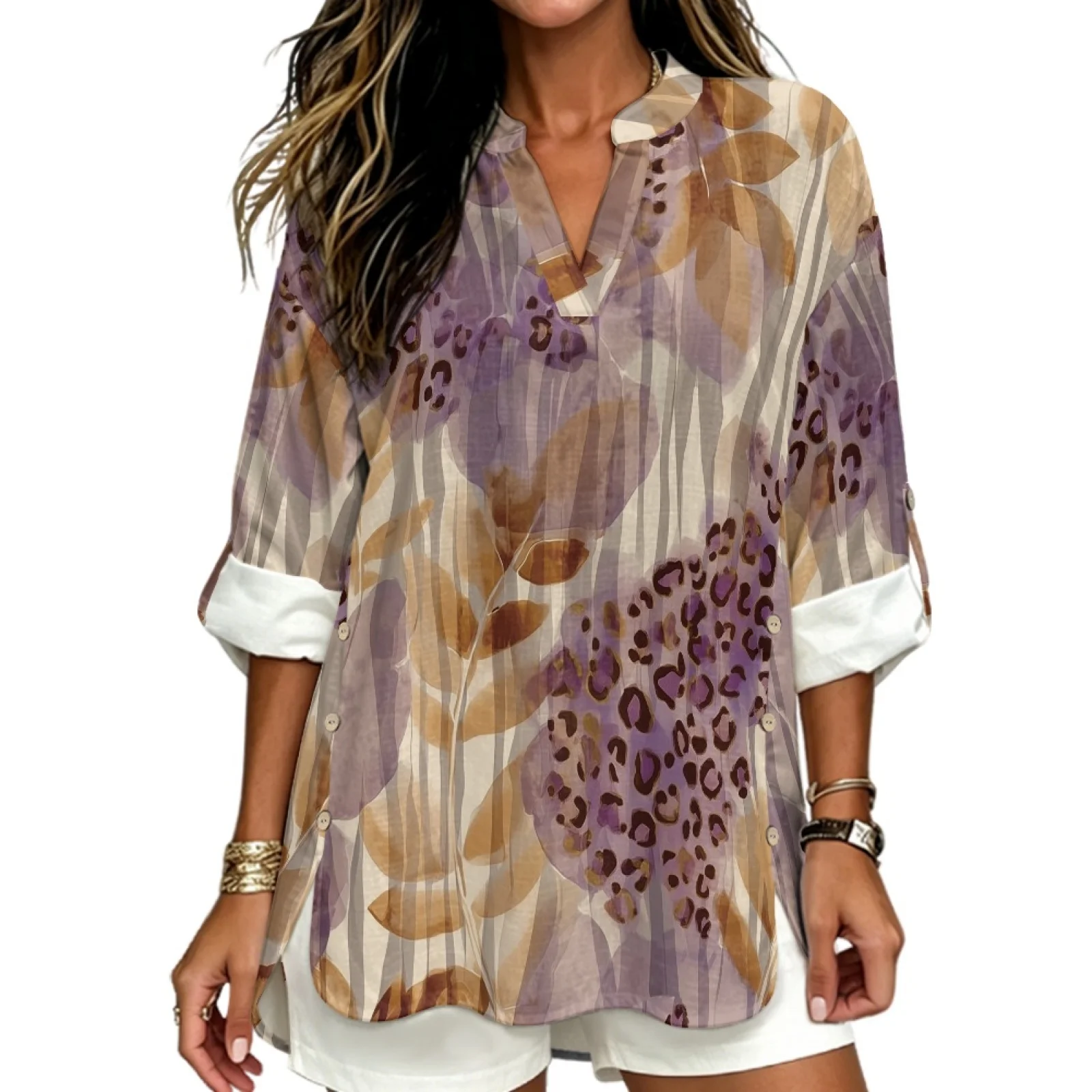PENSTROLL Leopard Floral Print Linen Like Casual Loose Fit Blouses for All Occasions Roll-Up V Neck Blouse Tunic Tops