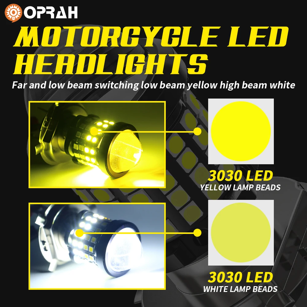 مصابيح أمامية للدراجة النارية من opray-LED ، أضواء فائقة السطوع للدراجات النارية ، شعاع Hi and Lo ، كشافات للدراجات النارية ، مصباح 6000K ، 12 فولت ، H4 ، BA20D ، 60SMD ، 3030