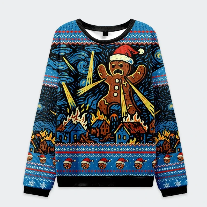 Unisex Ugly Christmas Sweatshirt Angry Gingerbread Man Santa Hat Crewneck 3D Print Family Sweater Kids Adults Xmas Party Outfit