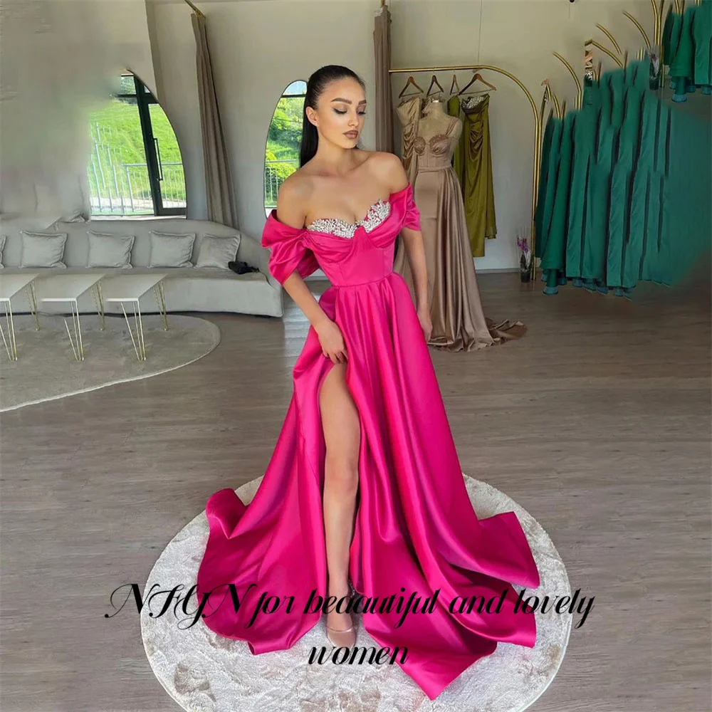 

NFYN Off the Shoulder Fuchsia Prom Dress Sweetheart Party Dress Side Split A Line Robe De Soirée Stain Evening Dress Customized