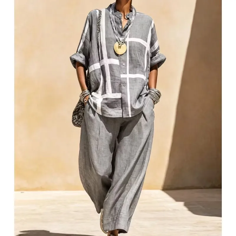 Women Plaid 2 Piece Outfit Stand Collar Long Sleeve Button Shirt Loose Wide Leg Pants Sets Casual Vacation Matching Set Ladies