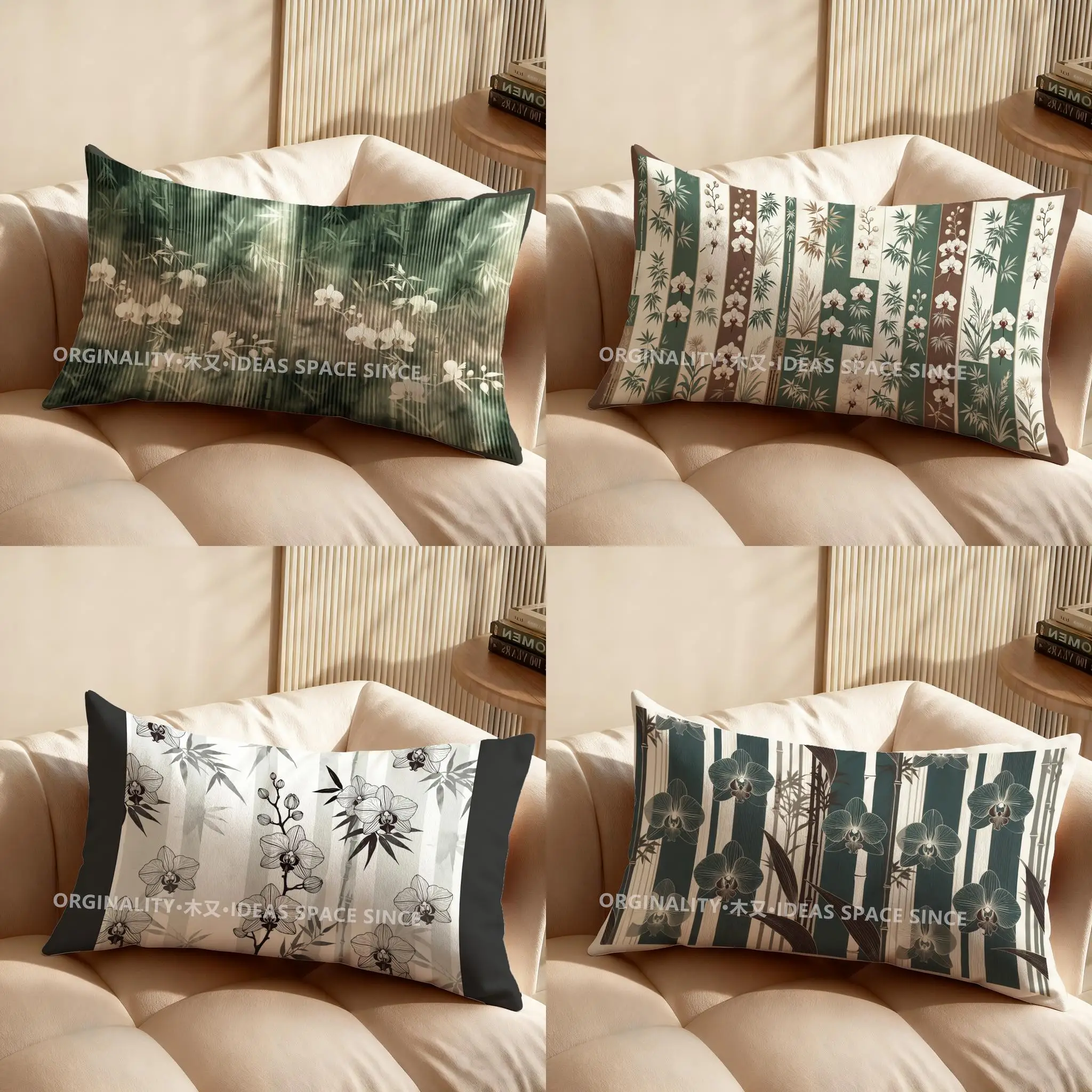 2D Bamboo & Orchid Patterned Pillow Suitable For Sofa Bedroom Car Pillow Cover Cushion Rectangular Back Cushion
