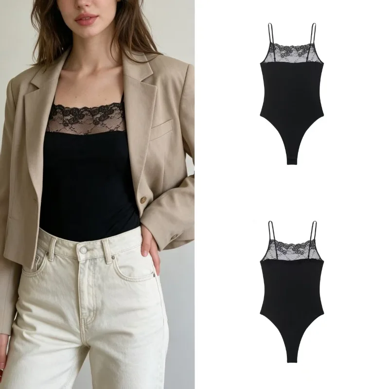 2026 Minimalist Women Lace Panel Back Cami Bodysuit Sleeveless Slim Fit High Cut Jumpsuit Daily Layering Basic Tank Tops