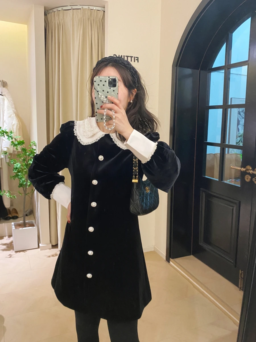 

Длинное платье MIAO для осени и зимы, в стиле ретро, с воротником-стойкой, кружевными вставками и вельветовой отделкой, прямого кроя, для вечерних мероприятий