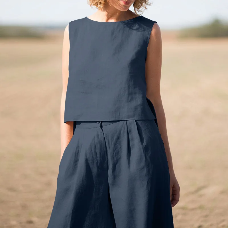 Top sin mangas a la moda + pantalones de pierna ancha, conjunto de dos piezas de Color sólido, conjunto de pantalones de camisa informal de verano para mujer 2025